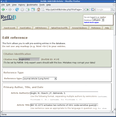 Editing references in the RefDB web interface